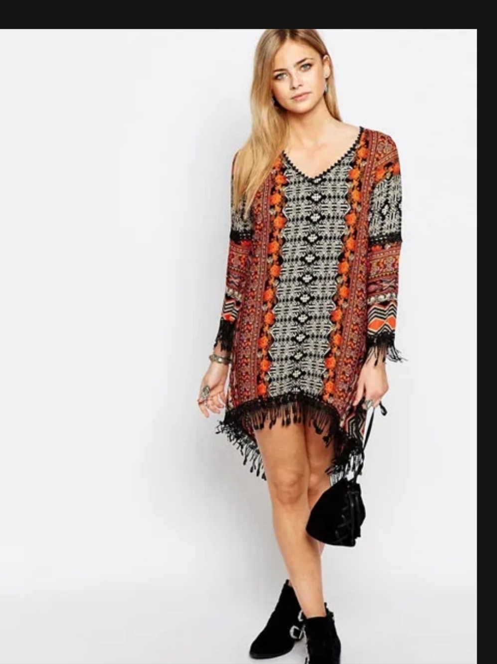 Anthropologie Orange, Black & Cream Patterned Fringe Tunic Dress